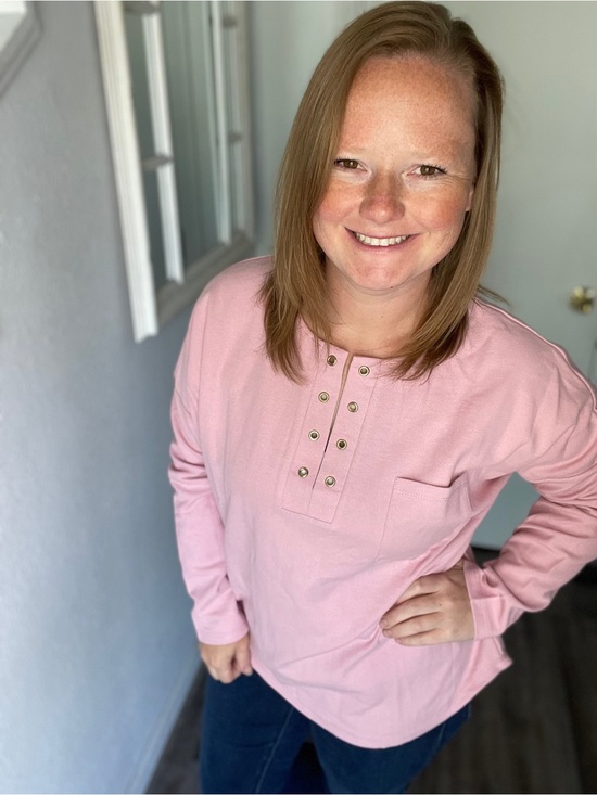Rogue Society Tops - Light Pink Long-Sleeve Henley Top with Grommet Placket